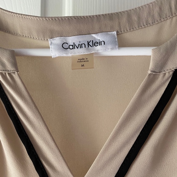 Tan V-neck Blouse with Black Trim - Picture 3 of 4